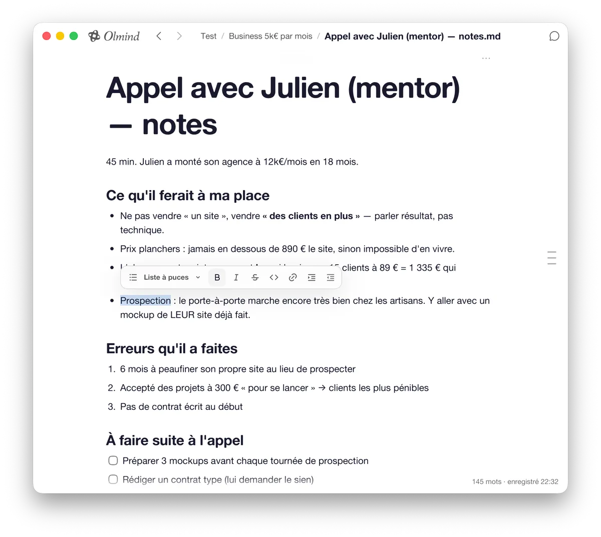 The Olmind note editor with formatted text, lists and checkboxes.
